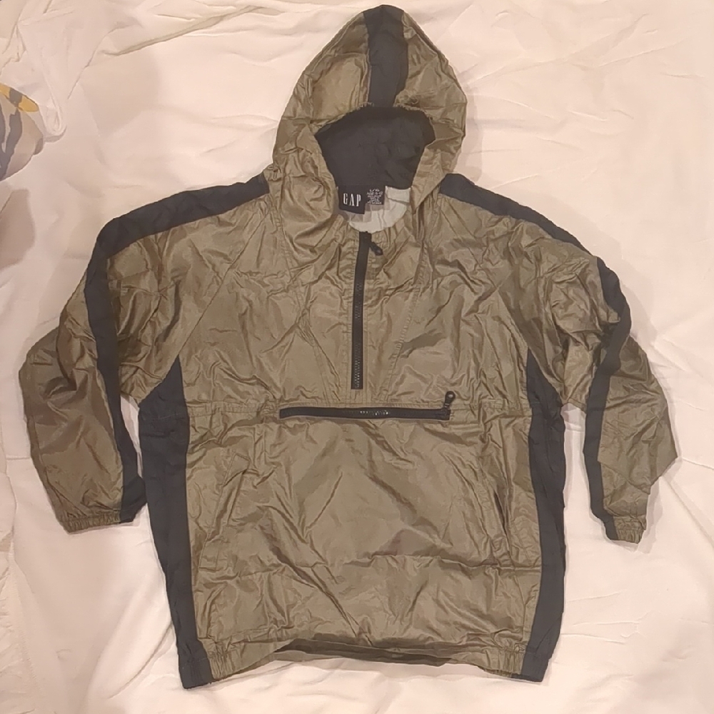Vintage GAP Khaki and Charcoal Hooded Windbreaker Anorak Jacket